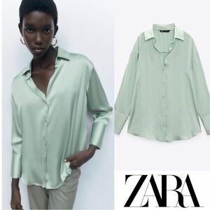 ZARA Soft Mint Satin Button-Down Shirt